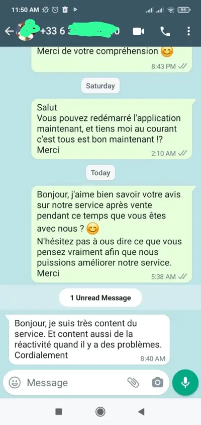 Conversation WhatsApp avec un client satisfait 1