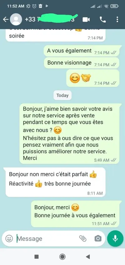Conversation WhatsApp avec un client satisfait 3