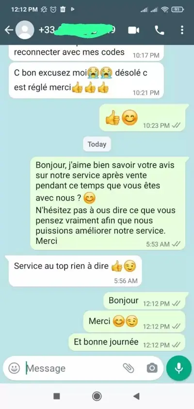 Conversation WhatsApp avec un client satisfait 2