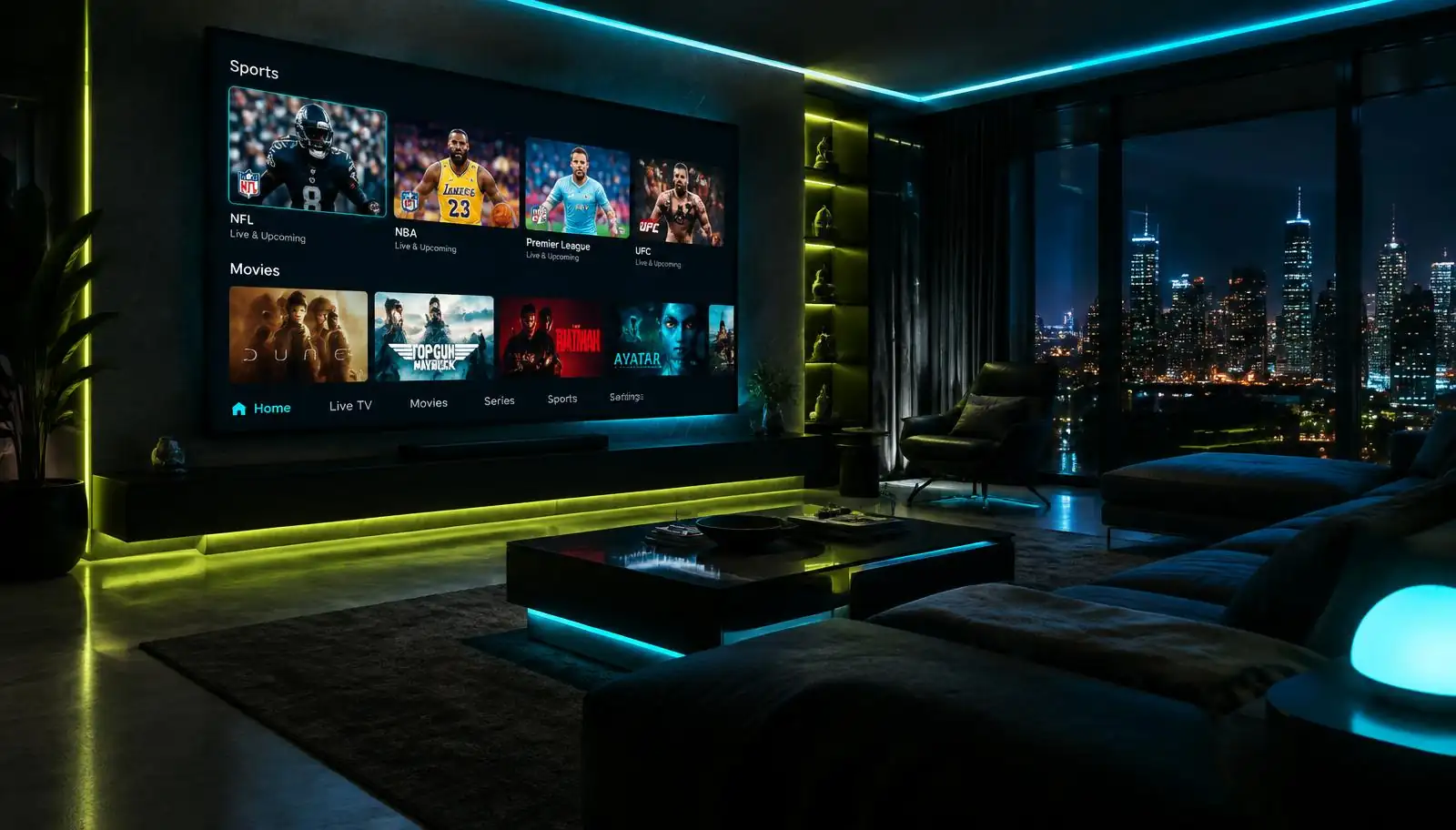 Salon avec Smart TV diffusant des contenus en 4K